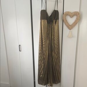 MacDuggal Gold Thin Strap Pleated Metallic Gown With 3D Flower